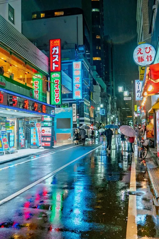 Neon street in Tokyo after rain
